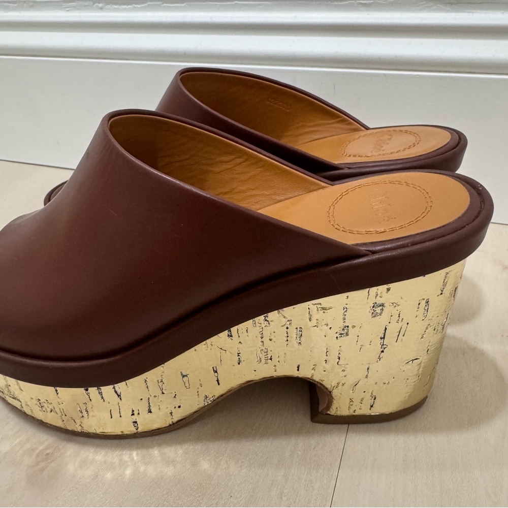 Chloe Oil Leather Cork Platform Mule Sandals Women's 36 = US 6 Brown Gold Italy - Picture 2 of 16